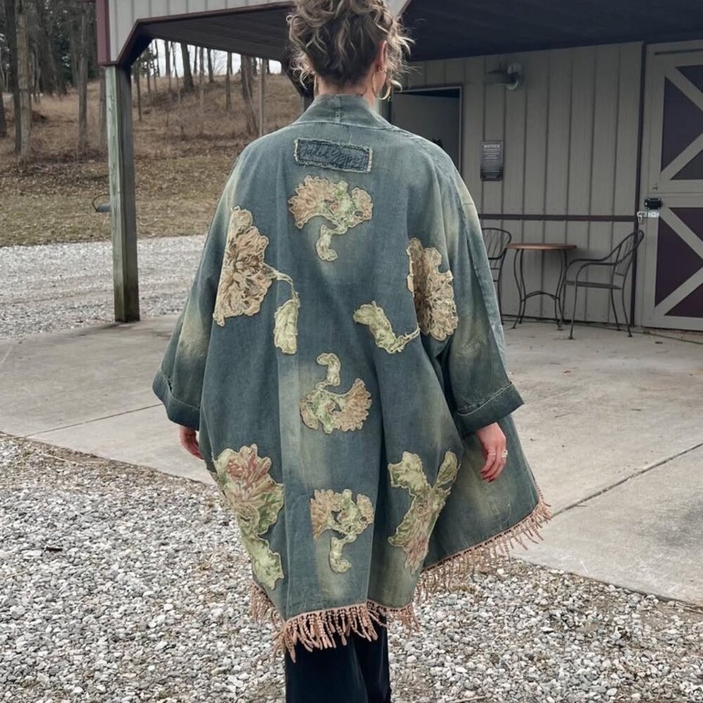 BLUE VELVET TENCEL DENIM APPLIQUE AND FRINGE TRIM OPEN JACKET